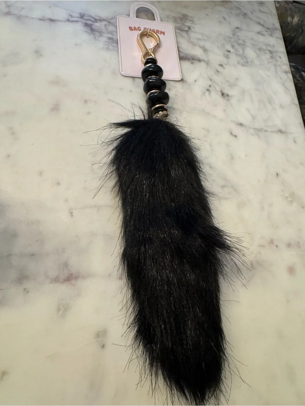 NWT Anthropologie Faux Fur Beaded Bag Charm in Black
